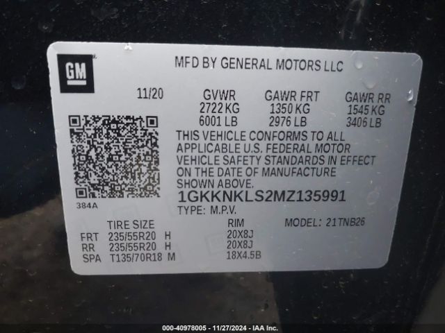1GKKNKLS2MZ135991 GMC Acadia Fwd Sle