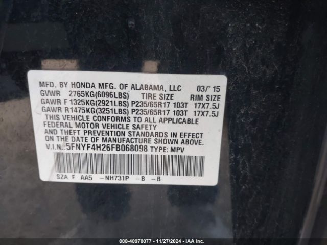 5FNYF4H26FB068098 Honda PILOT LX