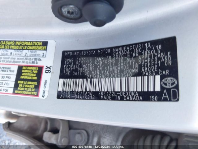 2T1BURHE2JC043540 Toyota COROLLA L
