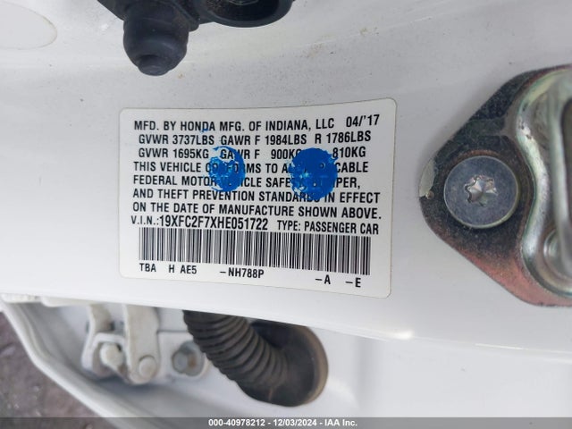 Honda CIVIC EX 2017 19XFC2F7XHE051722 Image 9