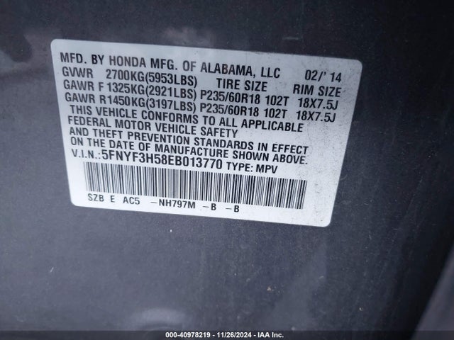 Honda Pilot Ex-l 2014 5FNYF3H58EB013770 Image 9