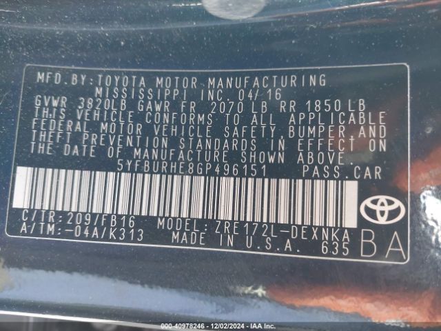 5YFBURHE8GP496151 Toyota COROLLA LE
