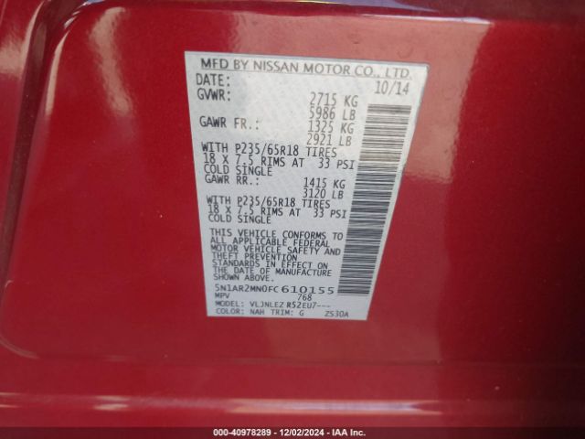 5N1AR2MN0FC610155 Nissan Pathfinder Platinum/s/sl/sv