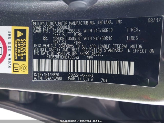 5TDBZRFH3HS465543 Toyota Highlander Le