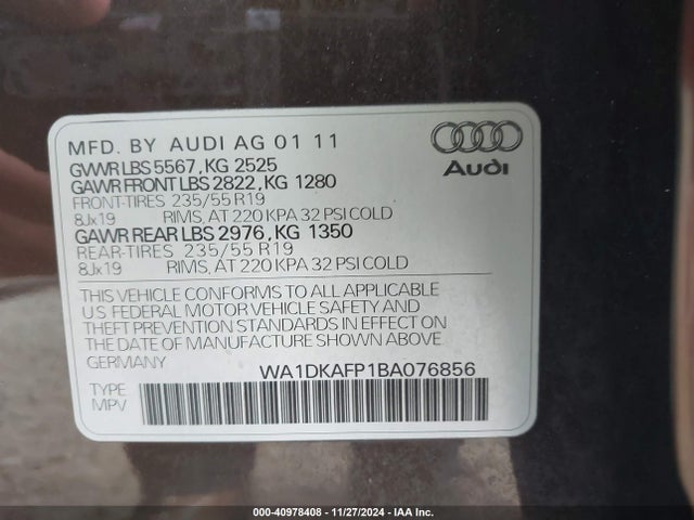 2011 Audi Q5 3.2l Premium Plus მანქანა იყიდება აუქციონზე, vin: WA1DKAFP1BA076856, აუქციონის ნომერი: 40978408