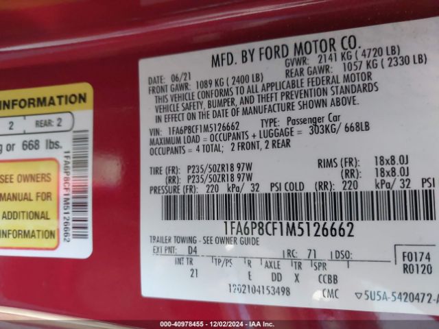 1FA6P8CF1M5126662 Ford MUSTANG GT