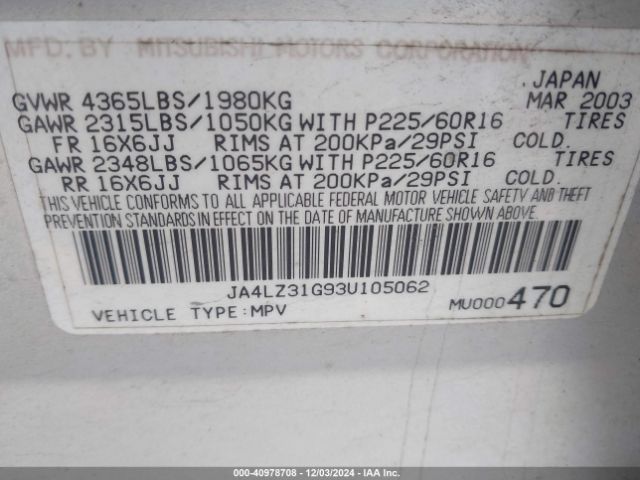 2003 MITSUBISHI OUTLANDER JA4LZ31G93U105062 Photo 8