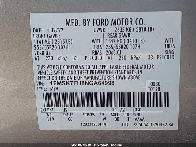 Ford Explorer Limited 2022 1FMSK7FH8NGA64998 Image 9