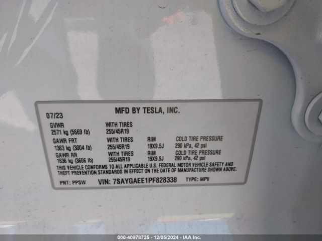 7SAYGAEE1PF828338 Tesla Model Y Awd/long Range Dual Motor All-wheel Drive