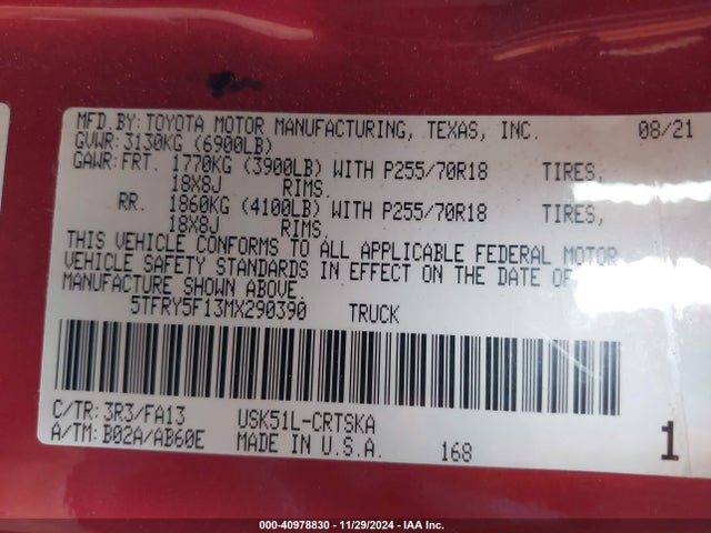 Toyota Tundra Sr 2021 5TFRY5F13MX290390 Image 9