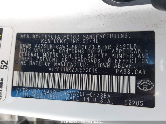 Toyota CAMRY SE 2018 4T1B11HK2JU573019 Image 9