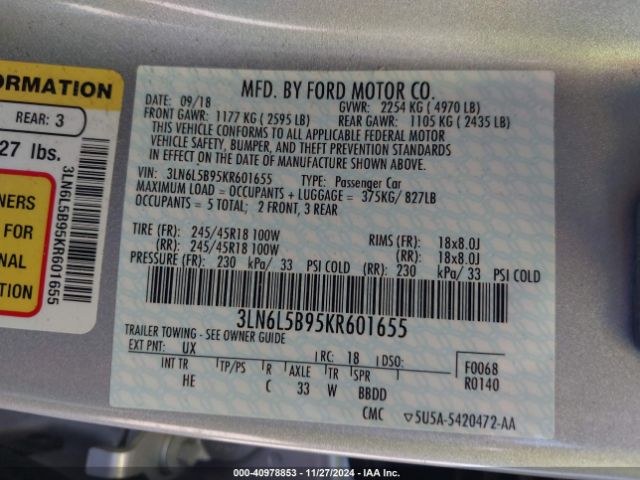 3LN6L5B95KR601655 Lincoln Mkz Standard