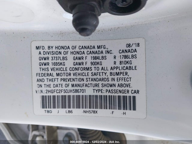 Honda Civic Lx 2018 2HGFC2F50JH586701 Image 9