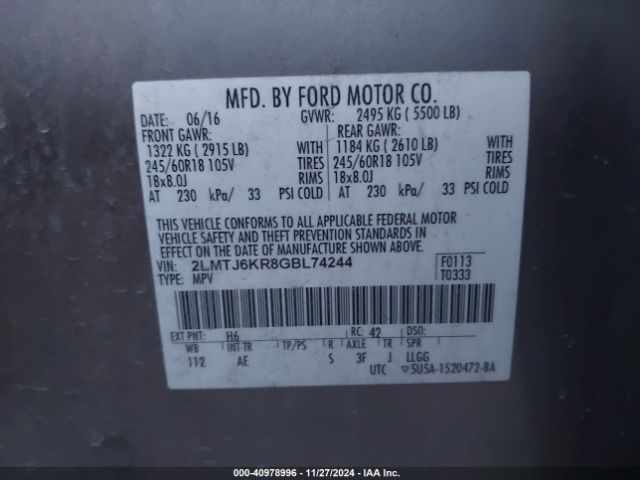2LMTJ6KR8GBL74244 Lincoln Mkx Select