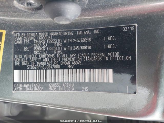 5TDBZRFH6JS847880 Toyota Highlander Le Plus