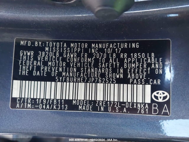Toyota COROLLA LE 2018 5YFBURHE7JP762525 Image 9