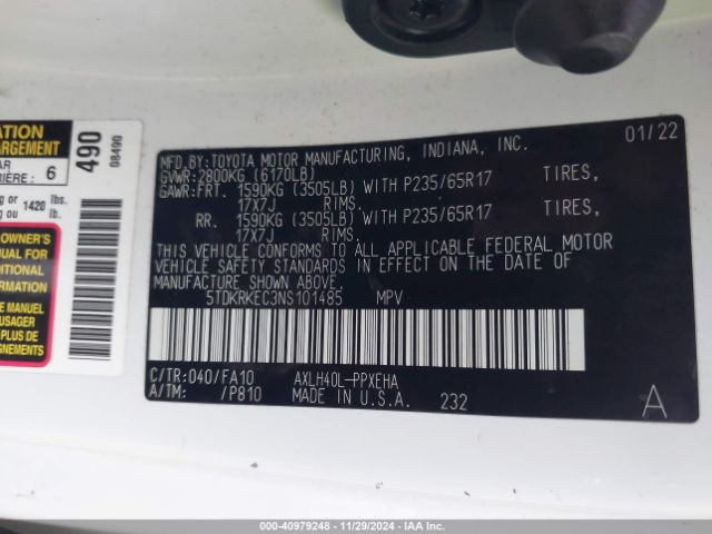 5TDKRKEC3NS101485 Toyota SIENNA LE