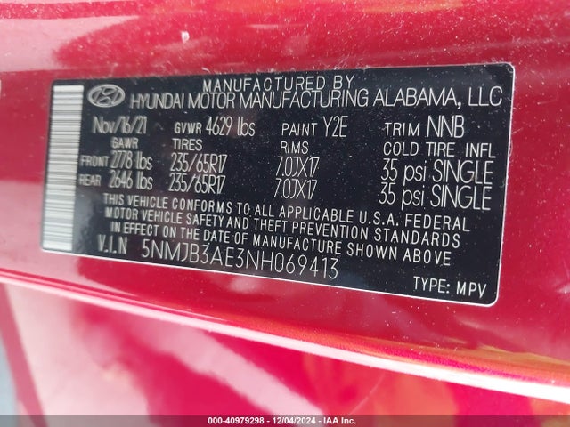 5NMJB3AE3NH069413 Hyundai TUCSON SEL