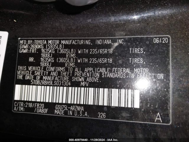 5TDBZRBH9LS031304 Toyota Highlander Le