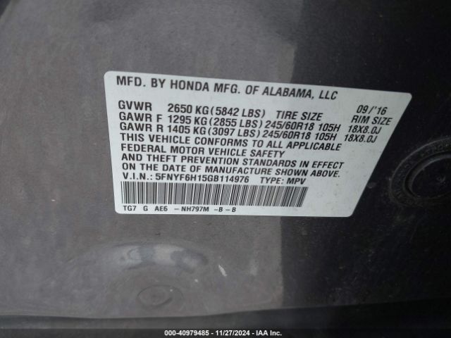 5FNYF6H15GB114976 Honda PILOT LX