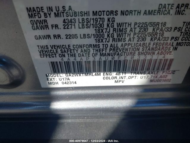 4A4AP3AU0FE033314 Mitsubishi Outlander Sport Es