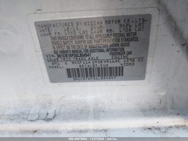 3N1CN7AP3GL854547 Nissan Versa 1.6 S/1.6 S+/1.6 Sl/1.6 Sv