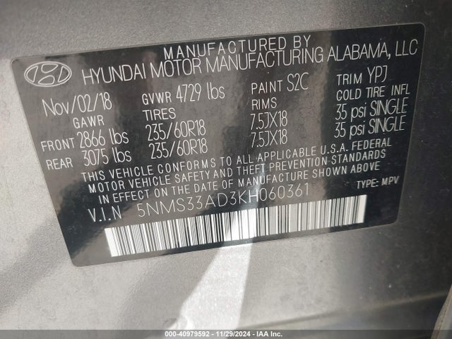 5NMS33AD3KH060361 Hyundai Santa Fe Sel Plus