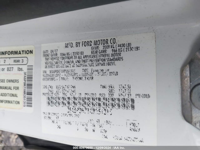 Ford FUSION SE 2017 3FA6P0H71HR351315 Image 9