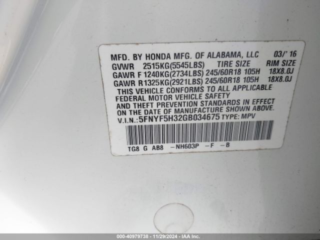 5FNYF5H32GB034675 Honda Pilot Ex
