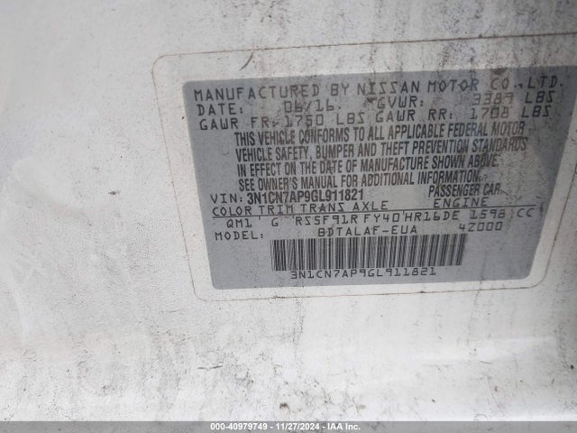Nissan Versa 1.6 S 2016 3N1CN7AP9GL911821 Image 9