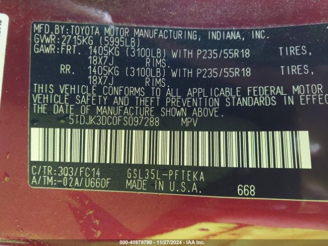 5TDJK3DC0FS097288 Toyota Sienna Le 7 Passenger