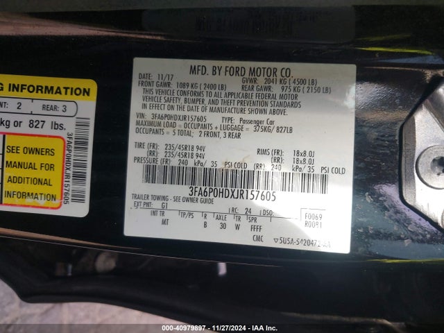 3FA6P0HDXJR157605 Ford FUSION SE