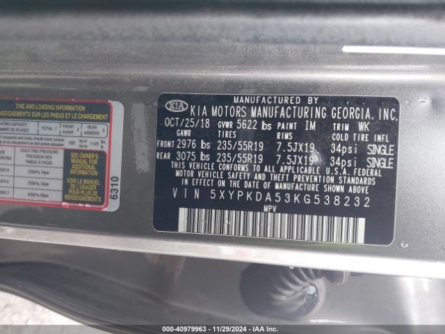 5XYPKDA53KG538232 KIA Sorento 3.3l Sx