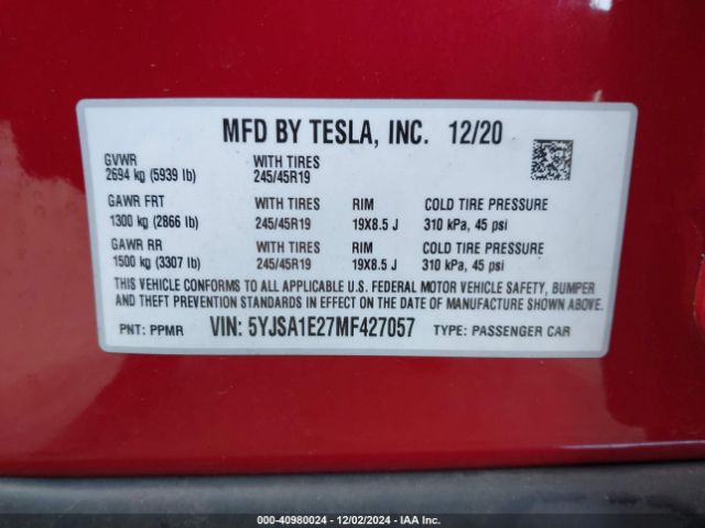 5YJSA1E27MF427057 Tesla Model S Long Range Dual Motor All-wheel Drive/long Range Plus Dual Motor All-wheel Drive