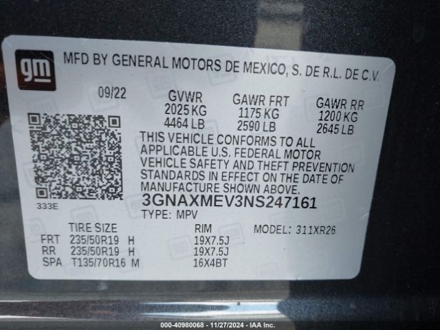 3GNAXMEV3NS247161 Chevrolet Equinox Fwd Rs