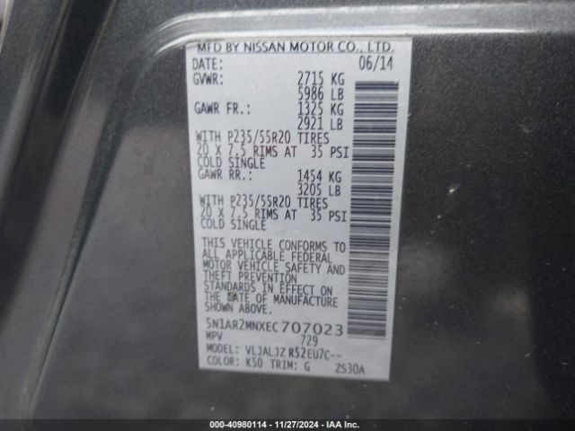 5N1AR2MNXEC707023 Nissan Pathfinder Platinum