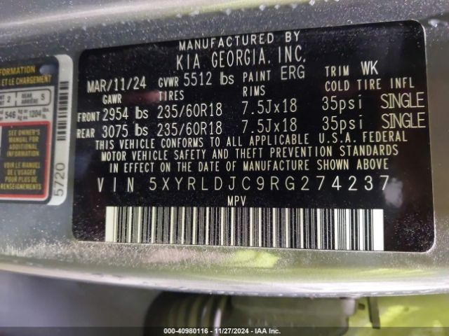 5XYRLDJC9RG274237 KIA SORENTO S