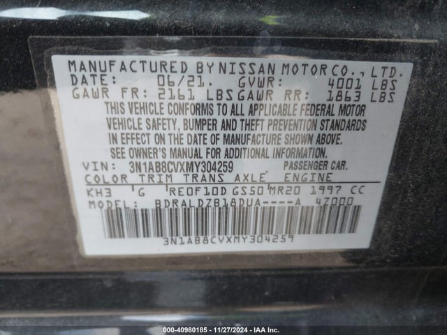 Aukcja sprzedaży 2021 Nissan Sentra Sv Xtronic Cvt, vin: 3N1AB8CVXMY304259, numer aukcji: 40980185
