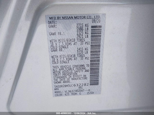 Nissan Pathfinder Sv 4wd 2020 5N1DR2BM3LC632282 Image 9