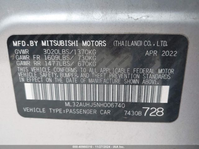 ML32AUHJ5NH006740 Mitsubishi Mirage Es/le