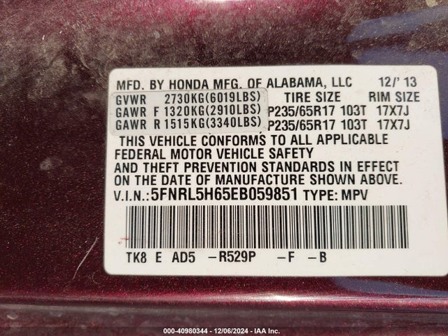 Honda Odyssey Ex-l 2014 5FNRL5H65EB059851 Image 9