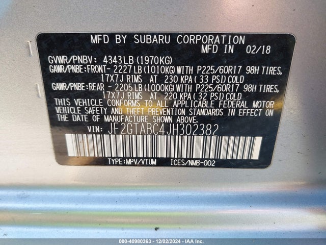 JF2GTABC4JH302382 Subaru Crosstrek 2.0i Premium