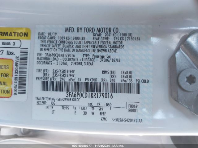 3FA6P0CD1KR179016 Ford FUSION SEL