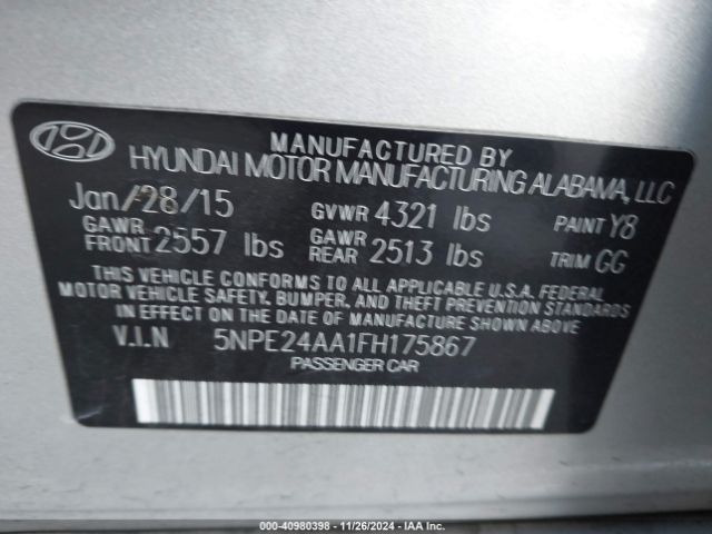 5NPE24AA1FH175867 Hyundai SONATA ECO