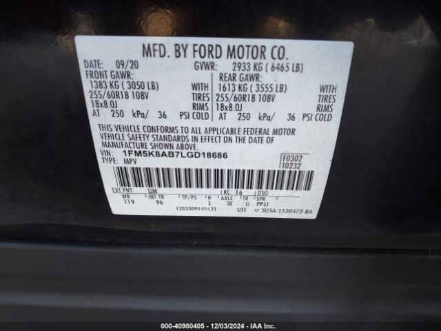 1FM5K8AB7LGD18686 Ford Police Interceptor Utility