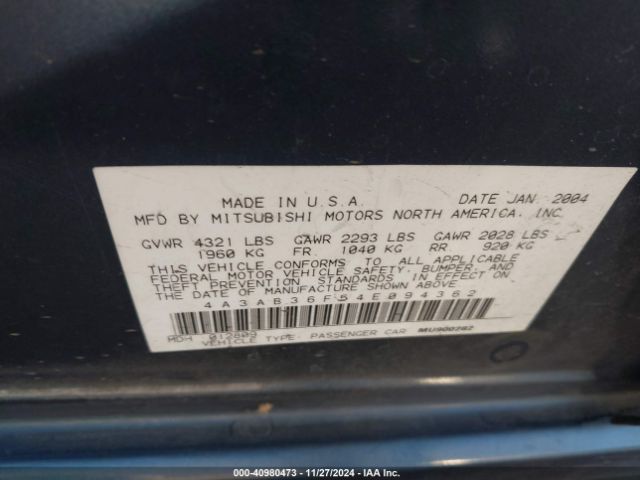 2004 MITSUBISHI GALANT 4A3AB36F54E094362 Photo 8