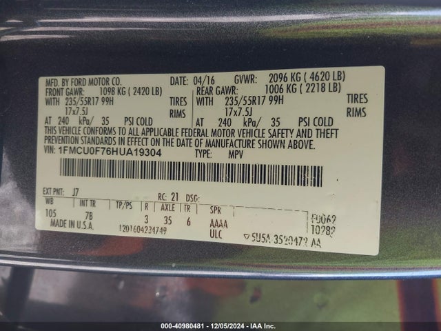 1FMCU0F76HUA19304 Ford ESCAPE S