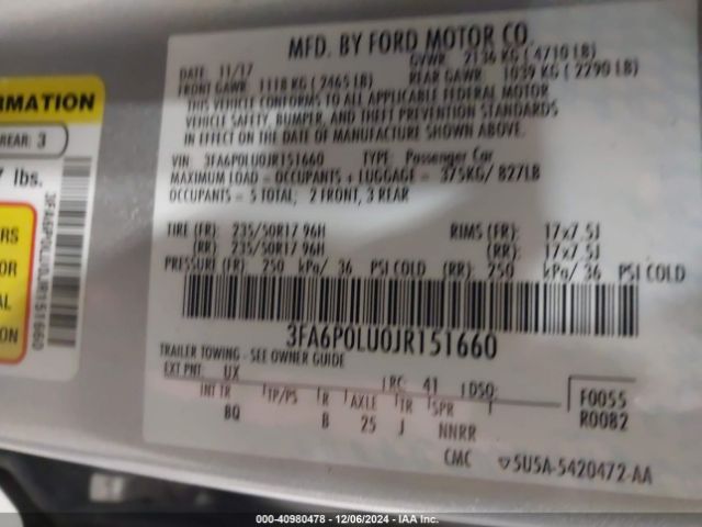 3FA6P0LU0JR151660 Ford Fusion Hybrid Se