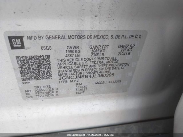 3GNCJNSB4JL380395 Chevrolet TRAX LS