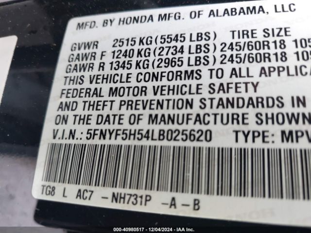 5FNYF5H54LB025620 Honda Pilot 2wd Ex-l